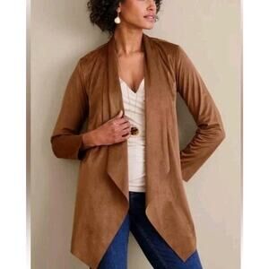 Soft Surroundings Ultra Soft XL Brown Faux Suede Waterfall Open Front Cardigan